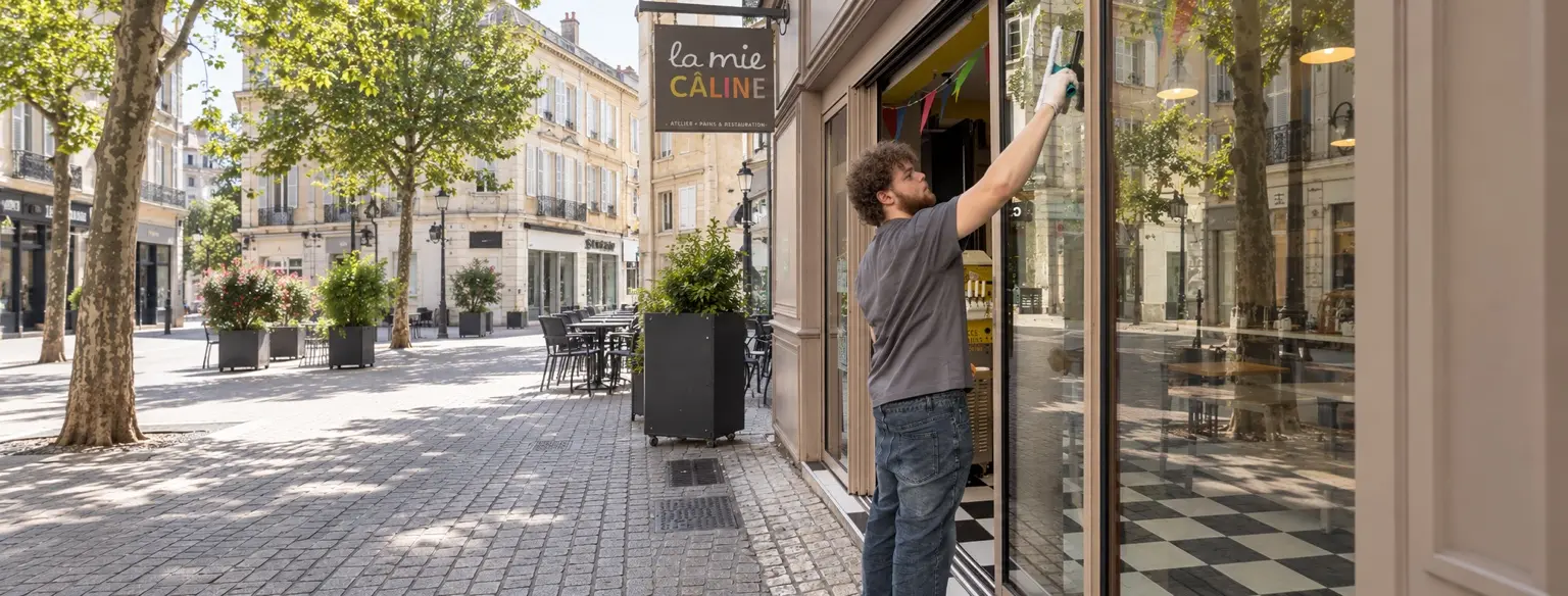 Nettoyage soigné de la vitrine d’un commerce